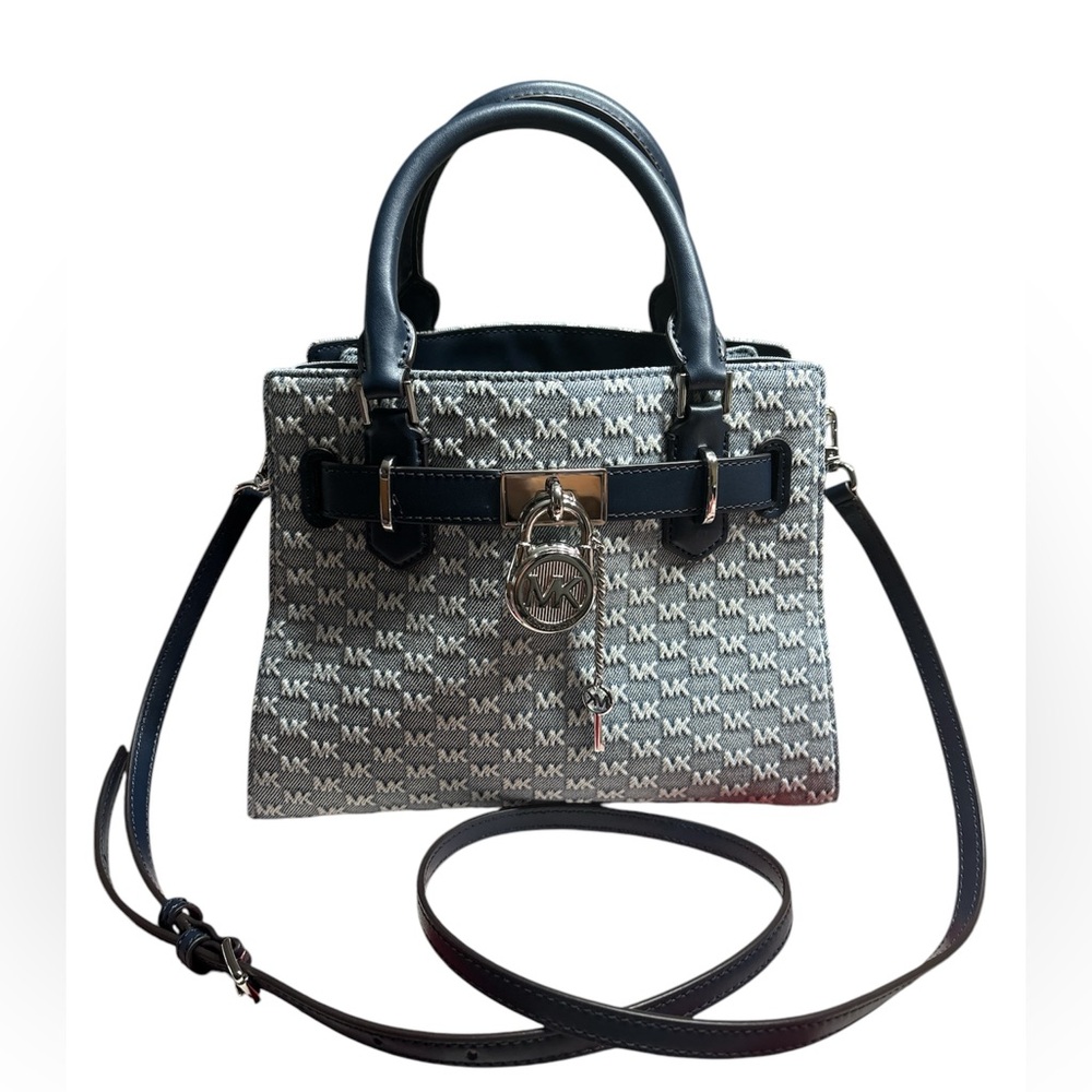 🔥Michael Kors Hamilton Small Logo Embossed Washed Denim Satchel👜